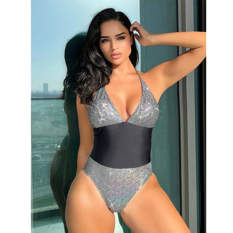 Bronze Backless Halter One Piece Swimsuit with Patchwork Detail  S Silver 