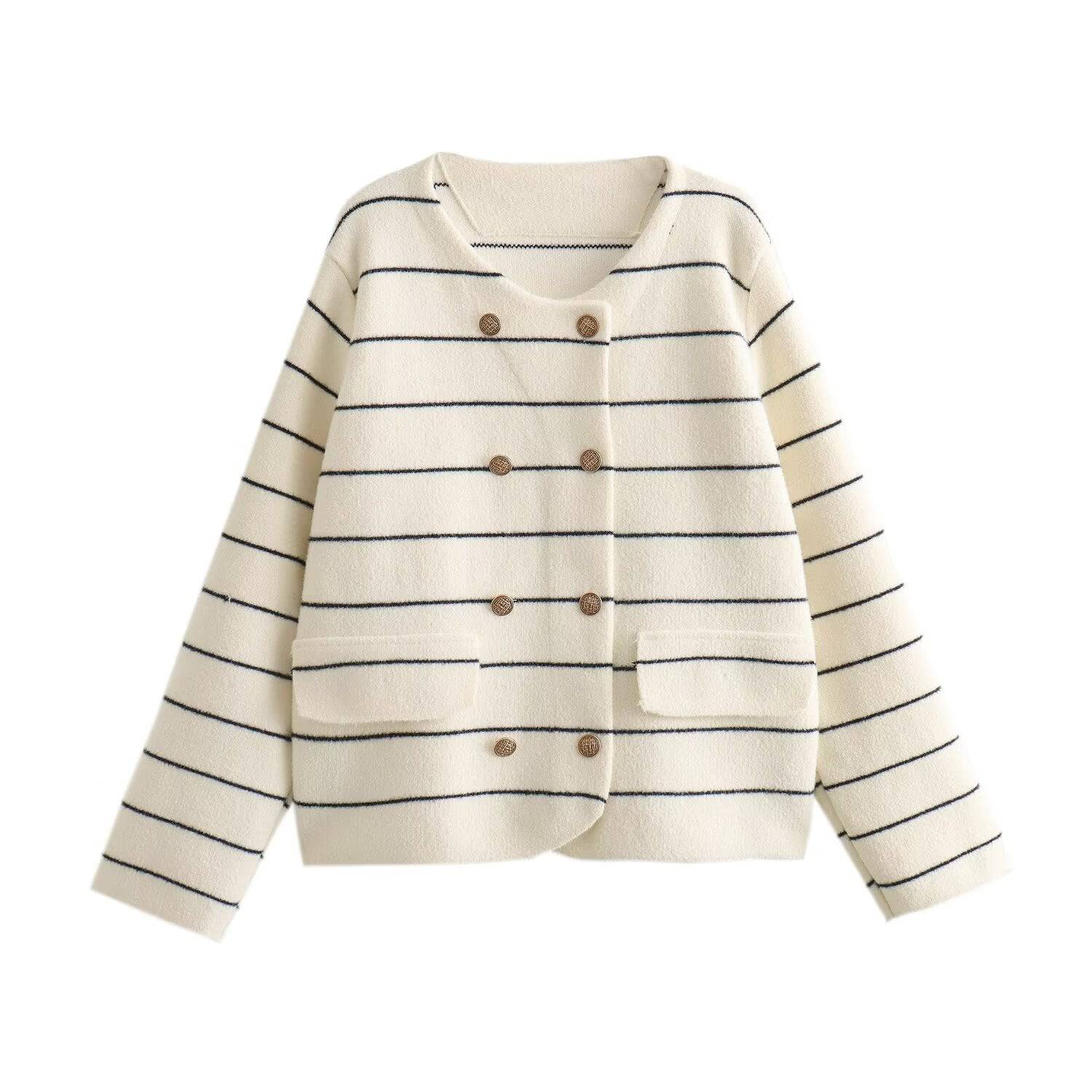 Navy Striped Knit Cardigan Sweater Coat for Women with Double-Breasted Round Neck  One Size White 