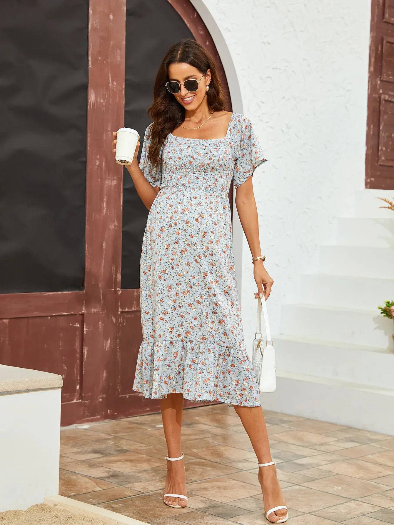 Floral Chiffon Midi Dress with Ruffle Details - Perfect for Summer and Vacation  S Small Blue Flowers 