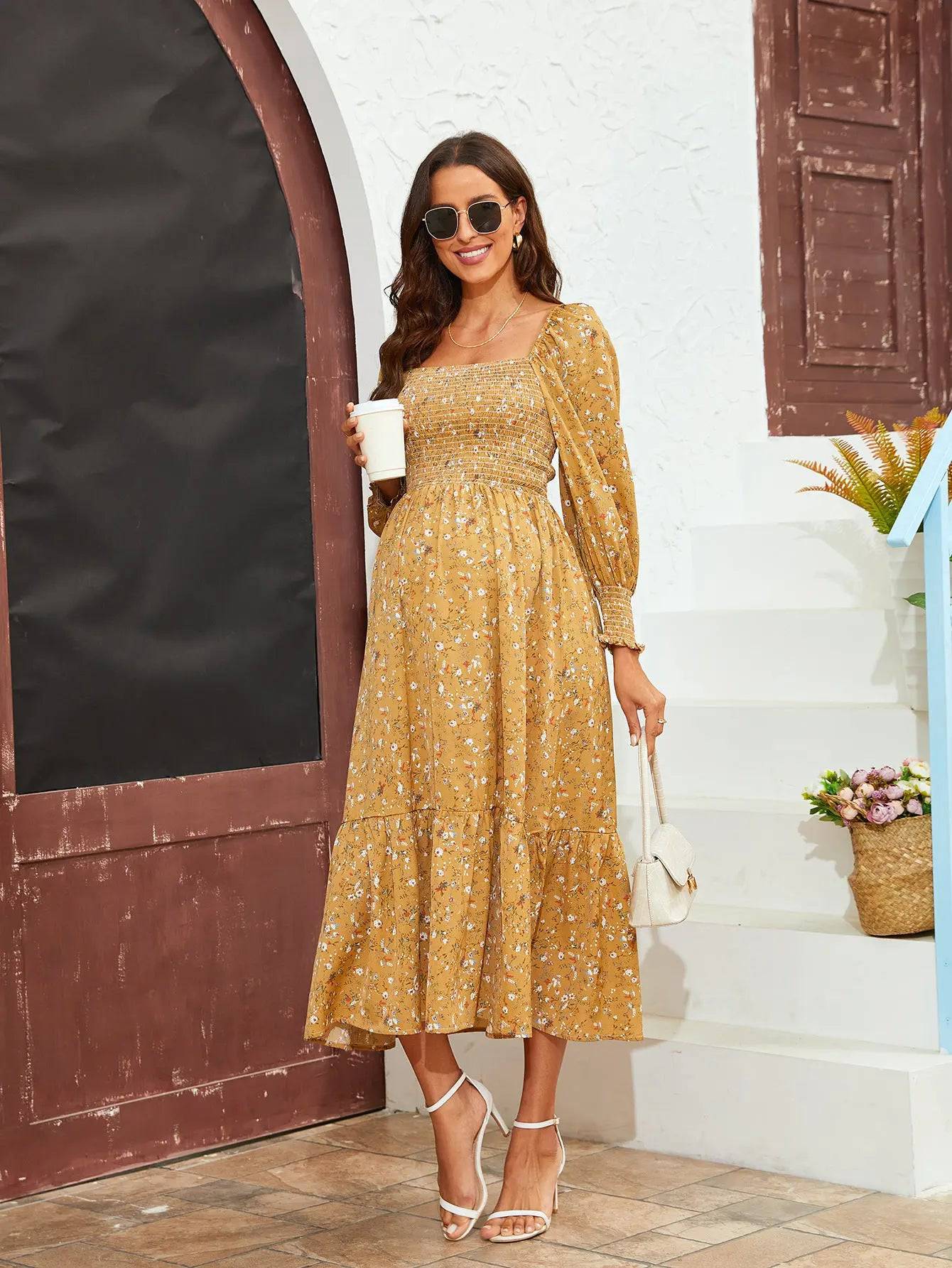 Floral Maxi Dress with Bell Sleeves for Women in Chiffon  S Yellow Small Flower 