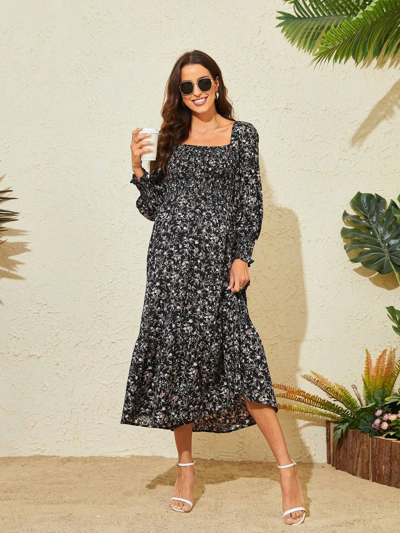 Floral Maxi Dress with Bell Sleeves for Women in Chiffon  S Black Small Flower 