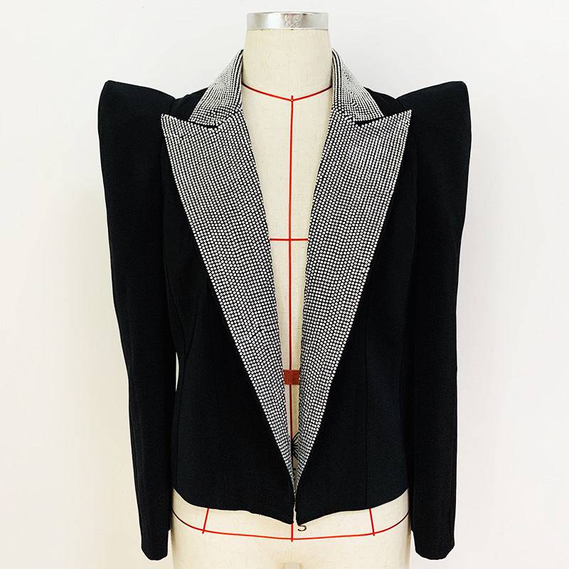 Rhinestone Collar Blazer with Peak Shoulder Profile  S Black 