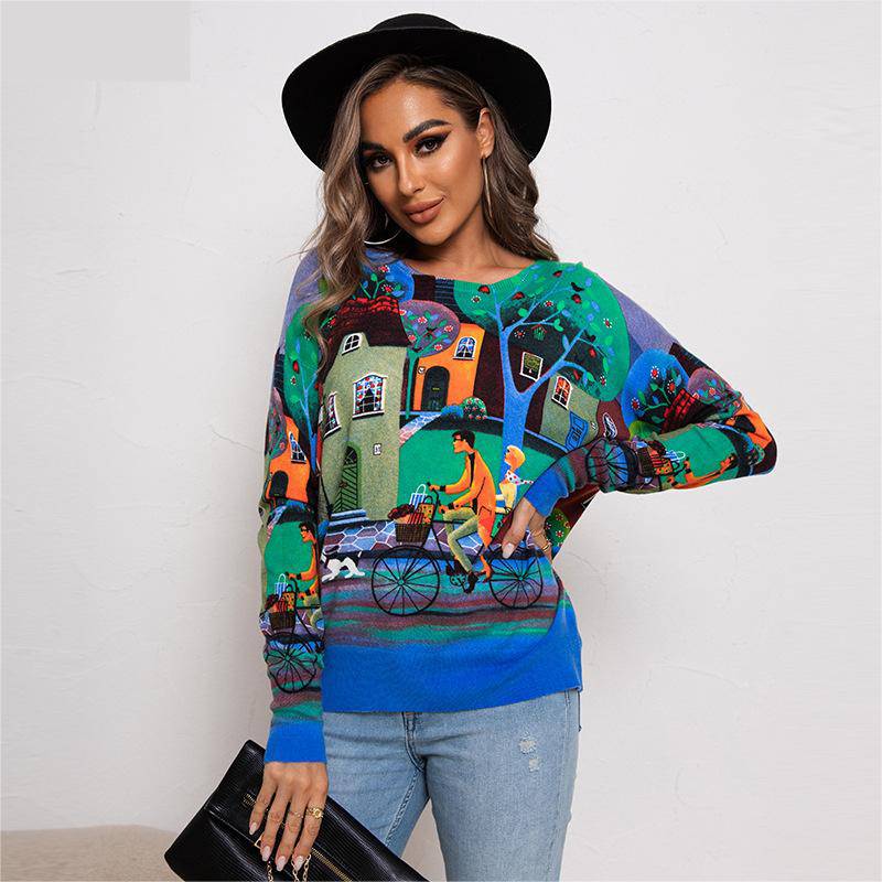 Relaxed Fit Printed Sweater with Round Neck and Long Sleeves for Women  S Green 