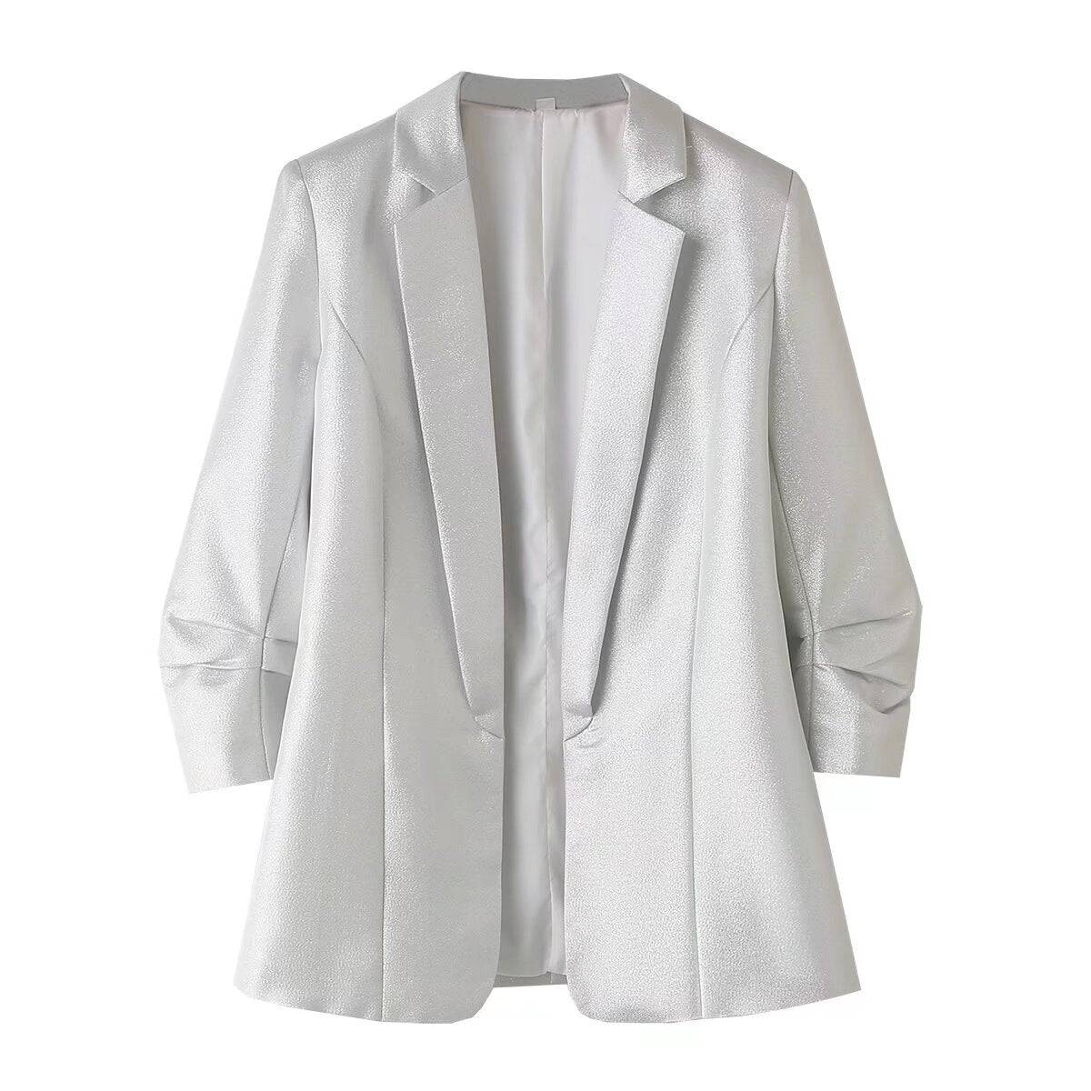 Green Fruit Collar Pleated Blazer for Women  S Silver 