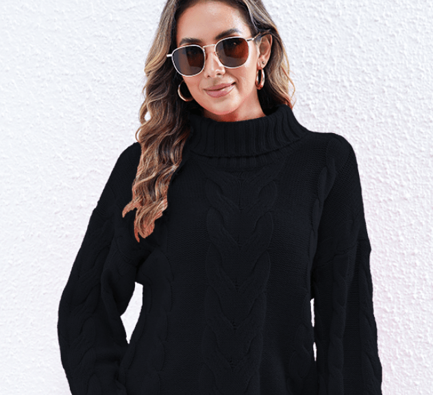 Women's Cable-Knit Turtleneck Thermal Sweater with Long Sleeves  S Black 