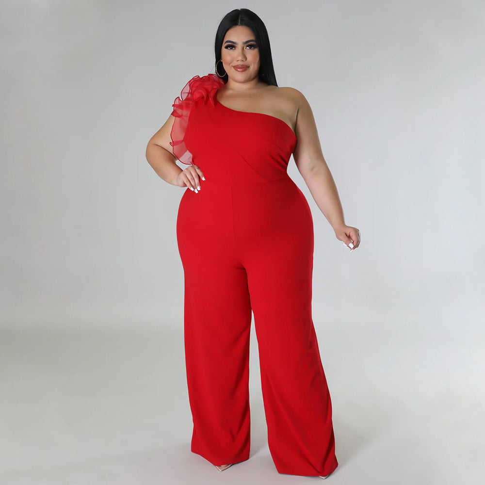 Plus Size Women Clothes One Shoulder Voile Wide Leg Pants for Women - Wild Amber Fashion