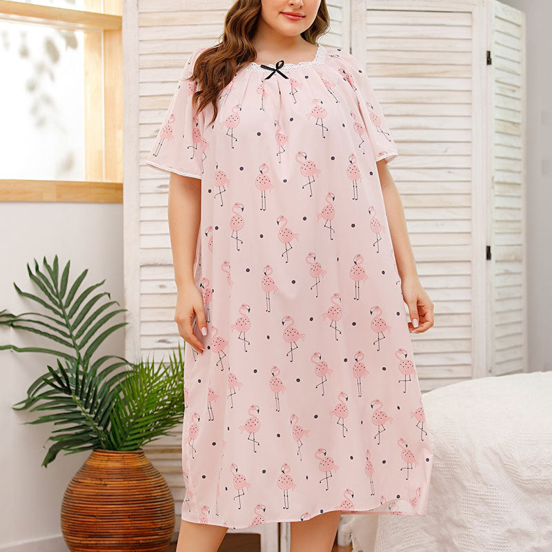 Plus Size Homewear Pajamas Lace Stitching Short Sleeve Printed Nightdress Women - Wild Amber Fashion