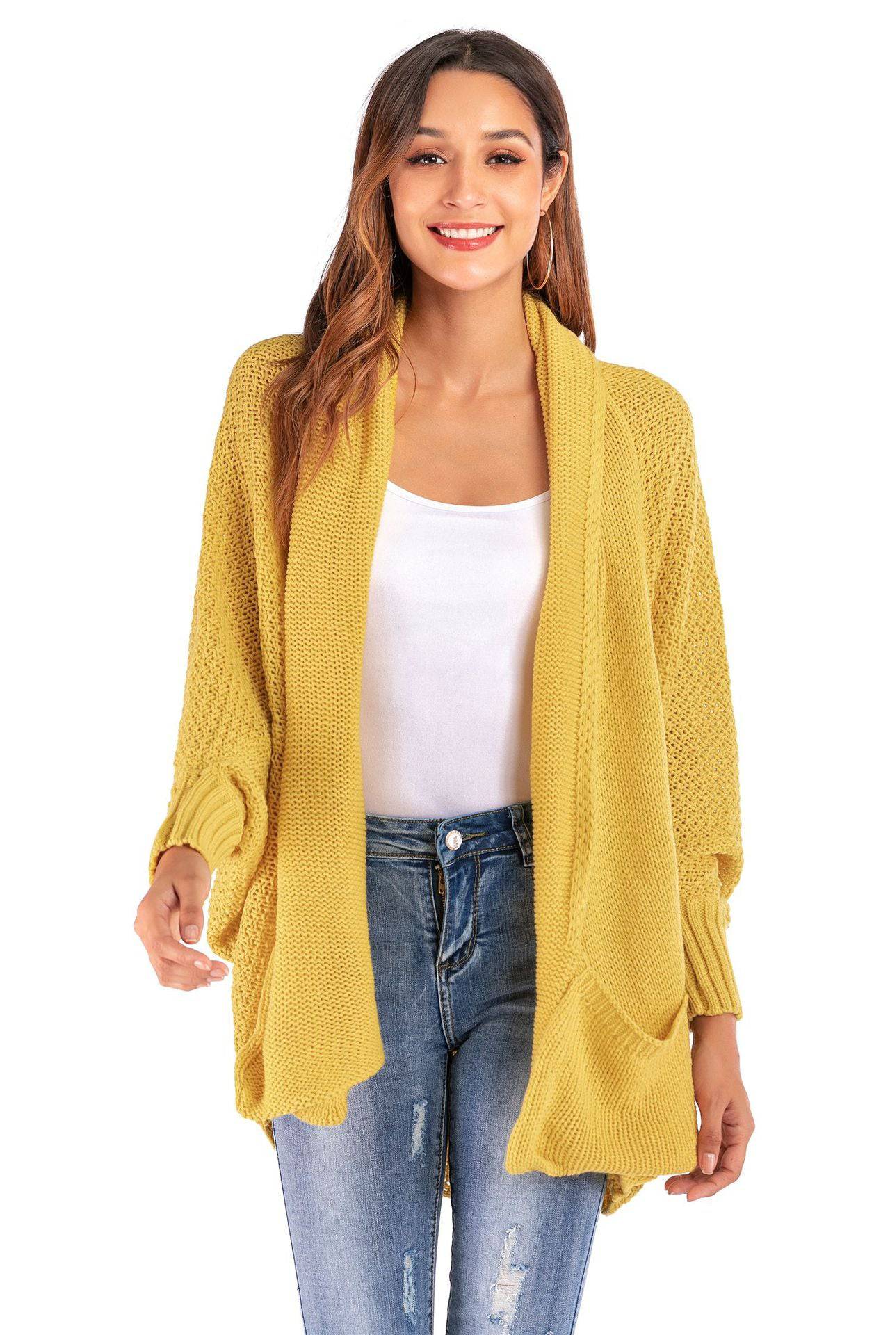 Oversized Knit Cardigan Sweater with Batwing Sleeves for Winter  S Yellow 