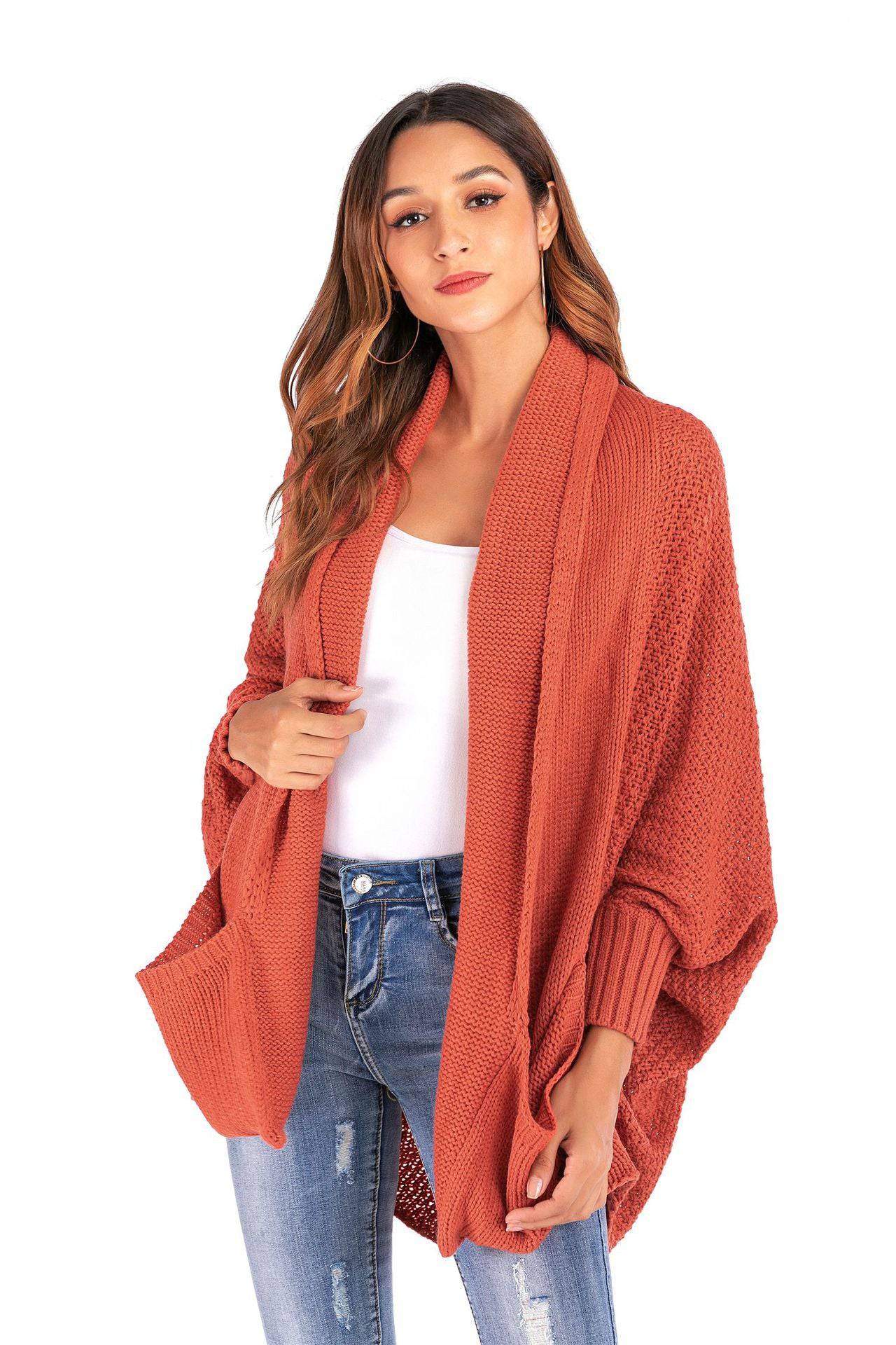 Oversized Knit Cardigan Sweater with Batwing Sleeves for Winter  S Burgundy 