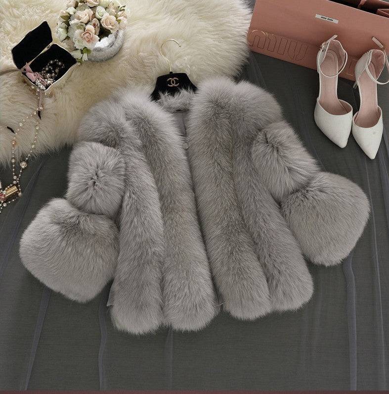 Faux Fur Women's Short-Length Coat with Stylish Stitching  S Gray 