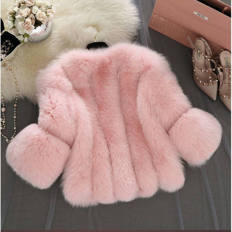 Faux Fur Women's Short-Length Coat with Stylish Stitching  S Pink 