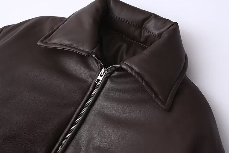 Leather Coat Women Autumn Winter Minimalist Locomotive Trendy Wide Shoulder High End Jacket Jacket - Wild Amber Fashion