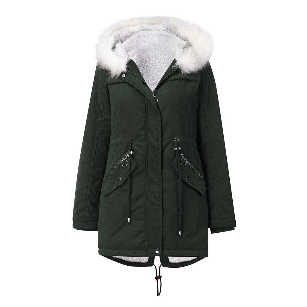 White Fur Collar Parka: Women's Mid-Length Hooded Winter Coat with Cotton Padding  M Green 