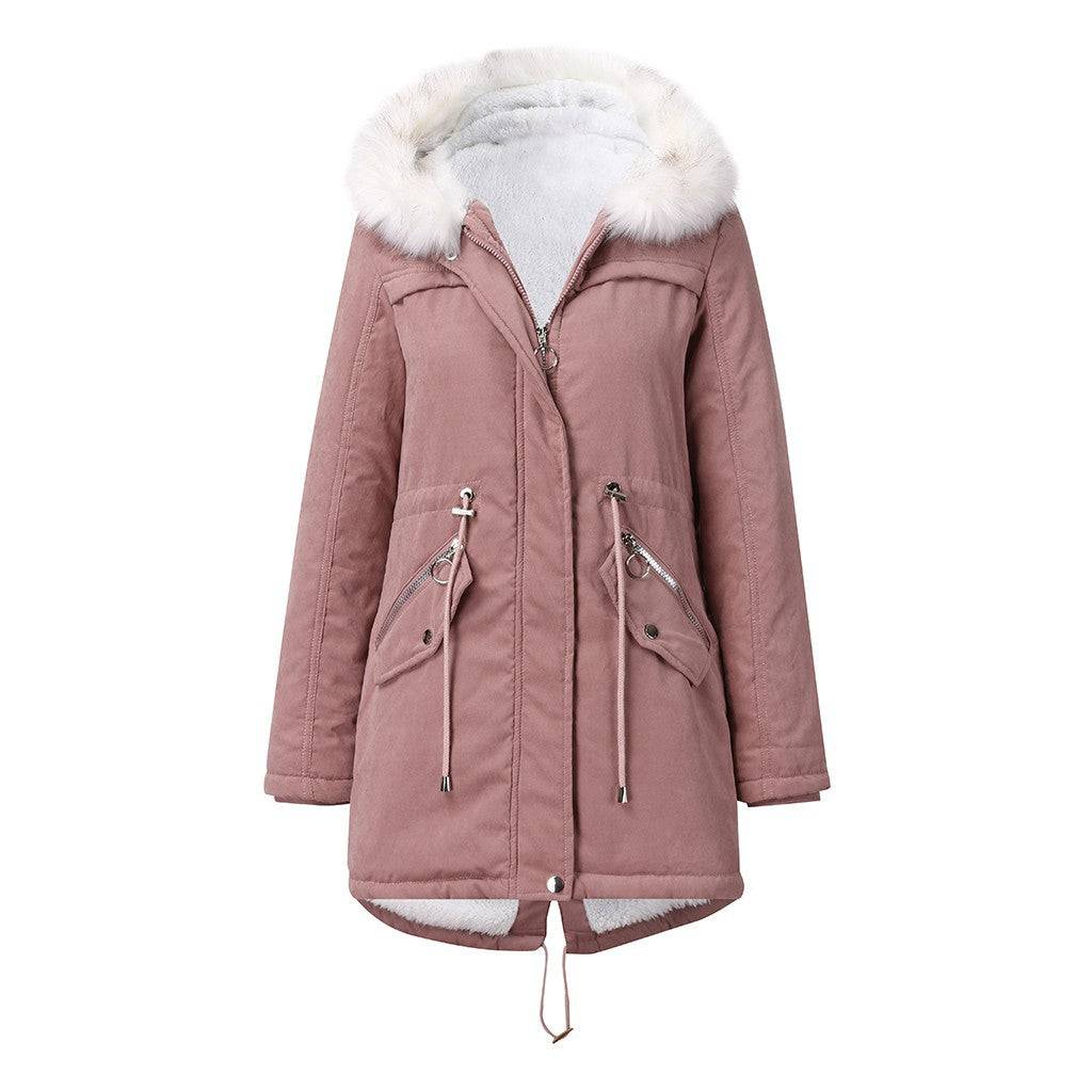 White Fur Collar Parka: Women's Mid-Length Hooded Winter Coat with Cotton Padding  M Pink 