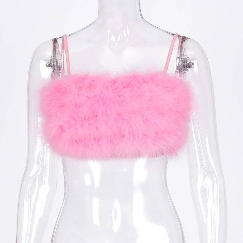 Fluffy Off-Shoulder Crop Camisole for Women's Summer and Autumn  S Pink 