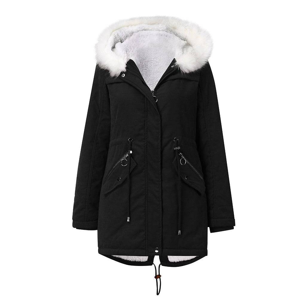 White Fur Collar Parka: Women's Mid-Length Hooded Winter Coat with Cotton Padding  M Black 