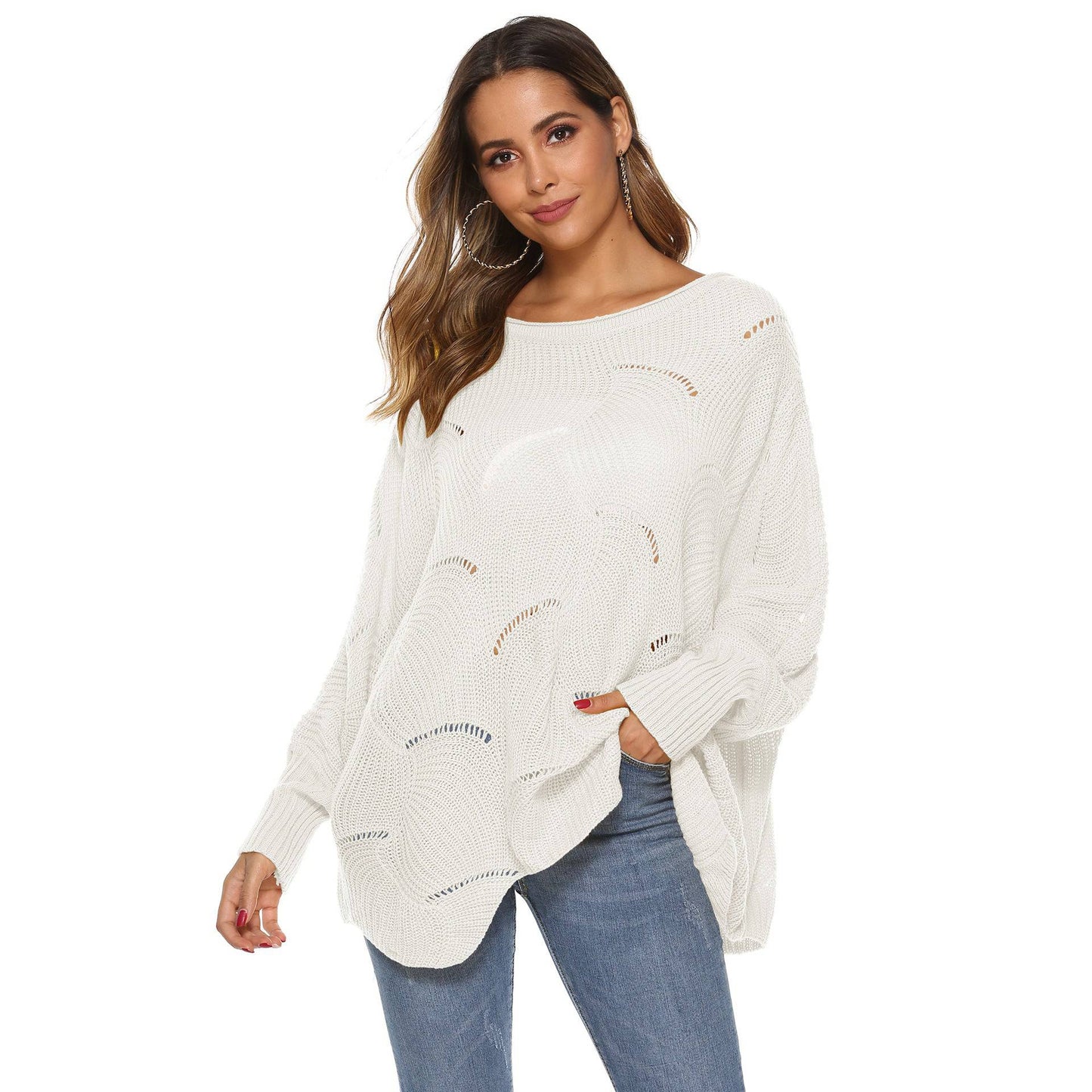 Irregular Asymmetric Loose Batwing Sleeve Sweater with Hollow Out Design  S White 