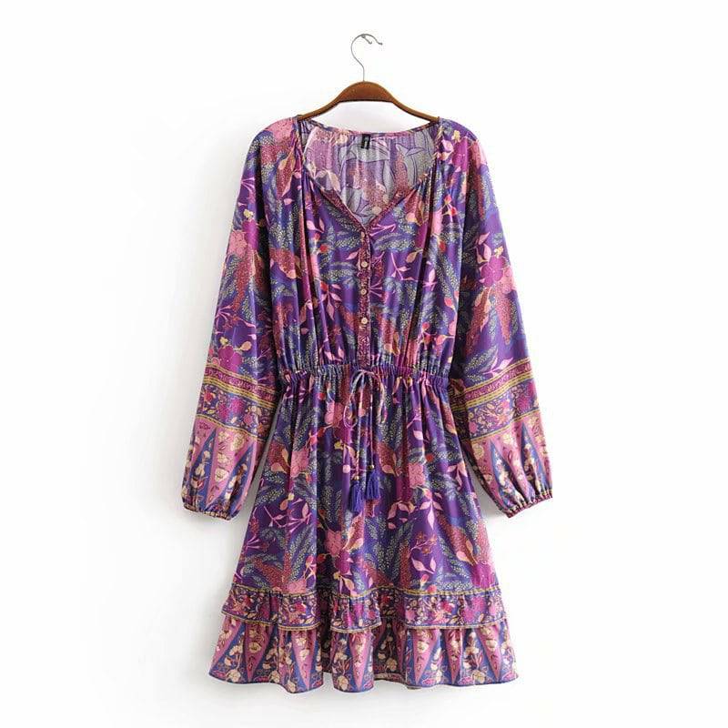 Elegant Floral Viscose Dress with Tassel Tie and Elastic Waist  S Purple 