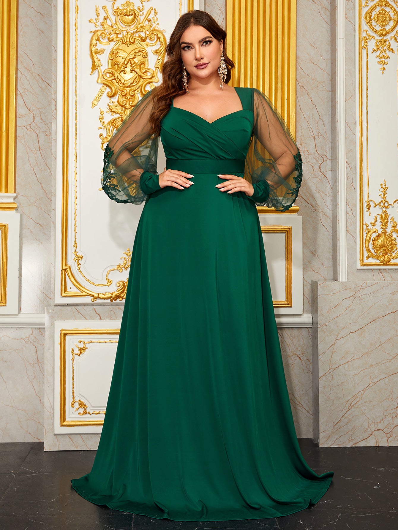 Plus Size Prom Evening Dress Diamond Collar Embroidered Mesh Long Sleeve Backless Fall Women Clothing Dress - Wild Amber Fashion