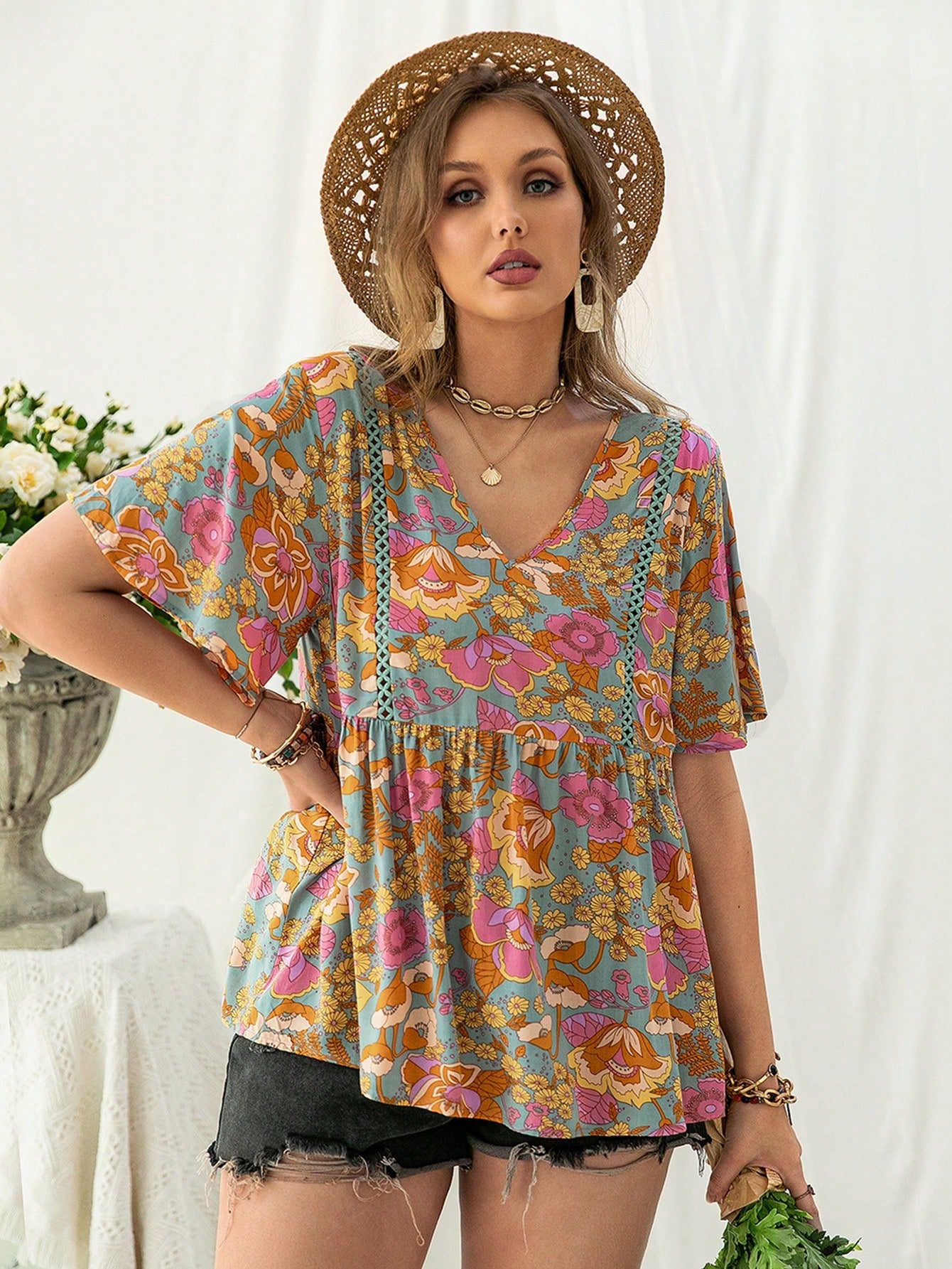 Plus Size Bohemian Lace Multi Color Shirt V neck Women Clothing - Wild Amber Fashion