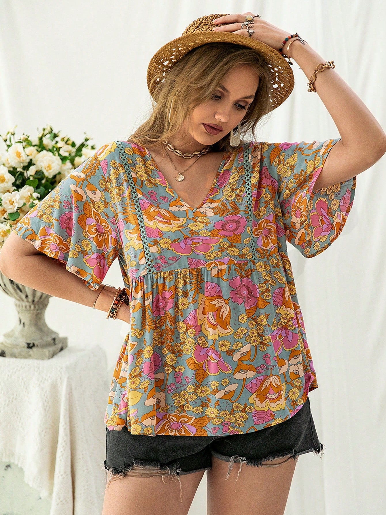 Plus Size Bohemian Lace Multi Color Shirt V neck Women Clothing - Wild Amber Fashion