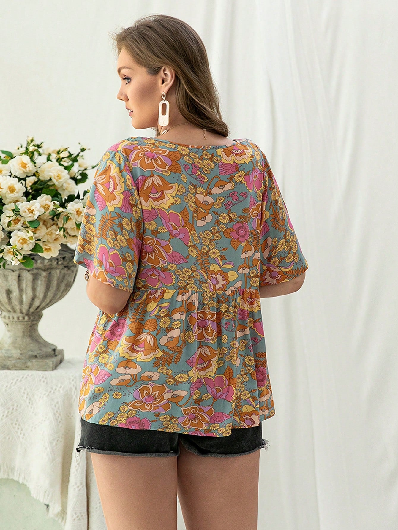 Plus Size Bohemian Lace Multi Color Shirt V neck Women Clothing - Wild Amber Fashion