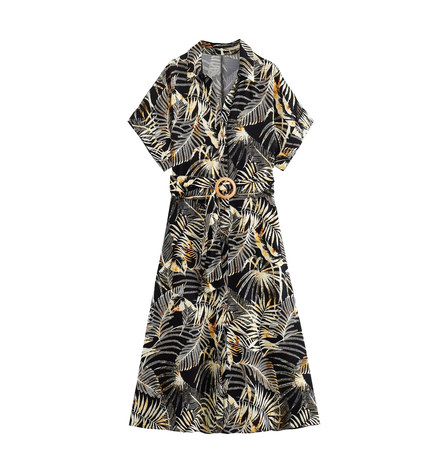 Summer Women Clothing Linen Blended Waistband Printing Length Dress - Wild Amber Fashion