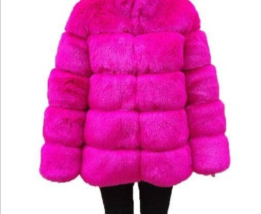 Elegant Slim Fit Faux Fur Coat with Hood for Women  S Coral Red 