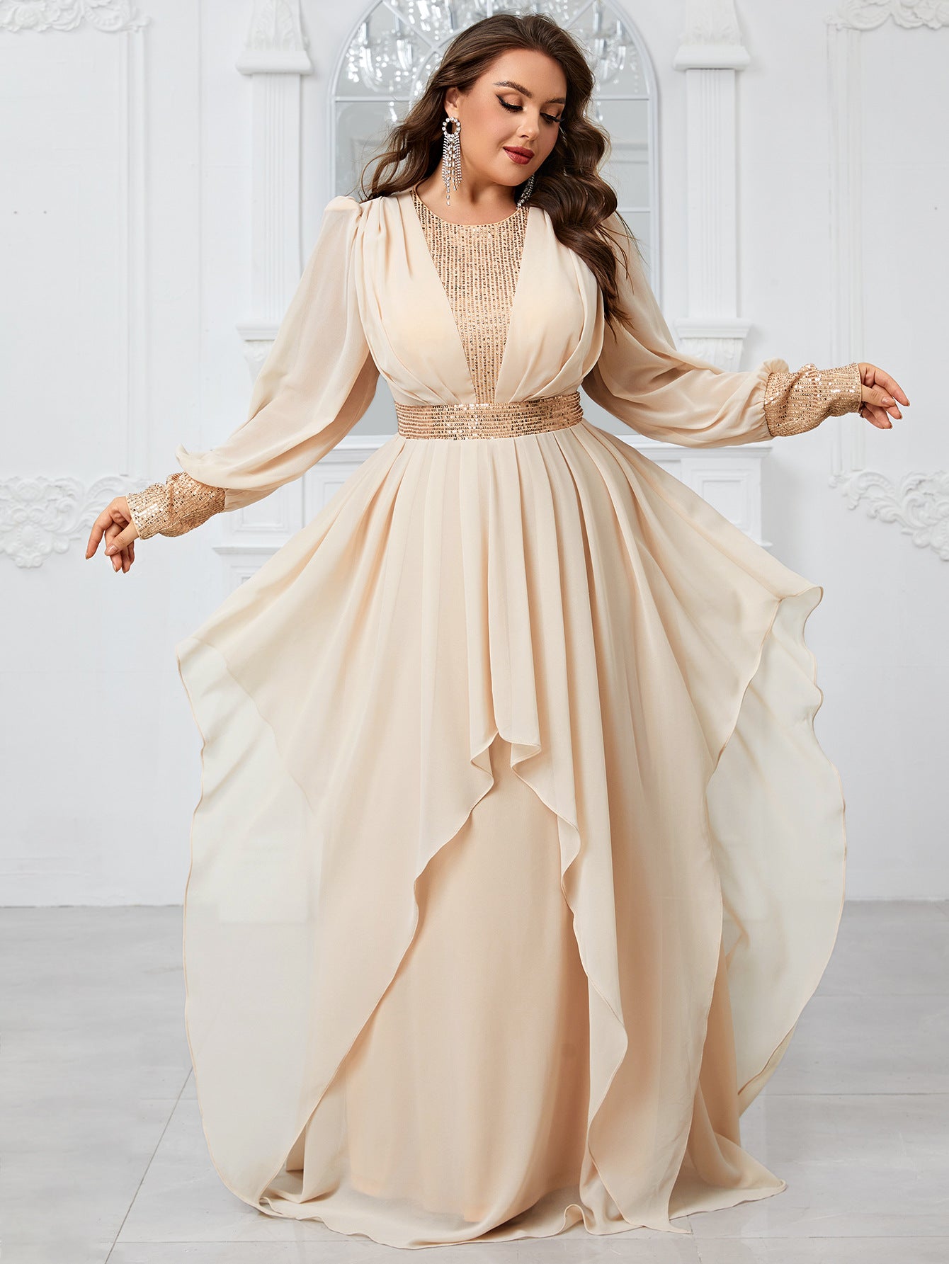 Plus Size Chiffon Stitching Sequined Lantern Sleeve Irregular Asymmetric Ruffles Elegant Party Dress - Wild Amber Fashion