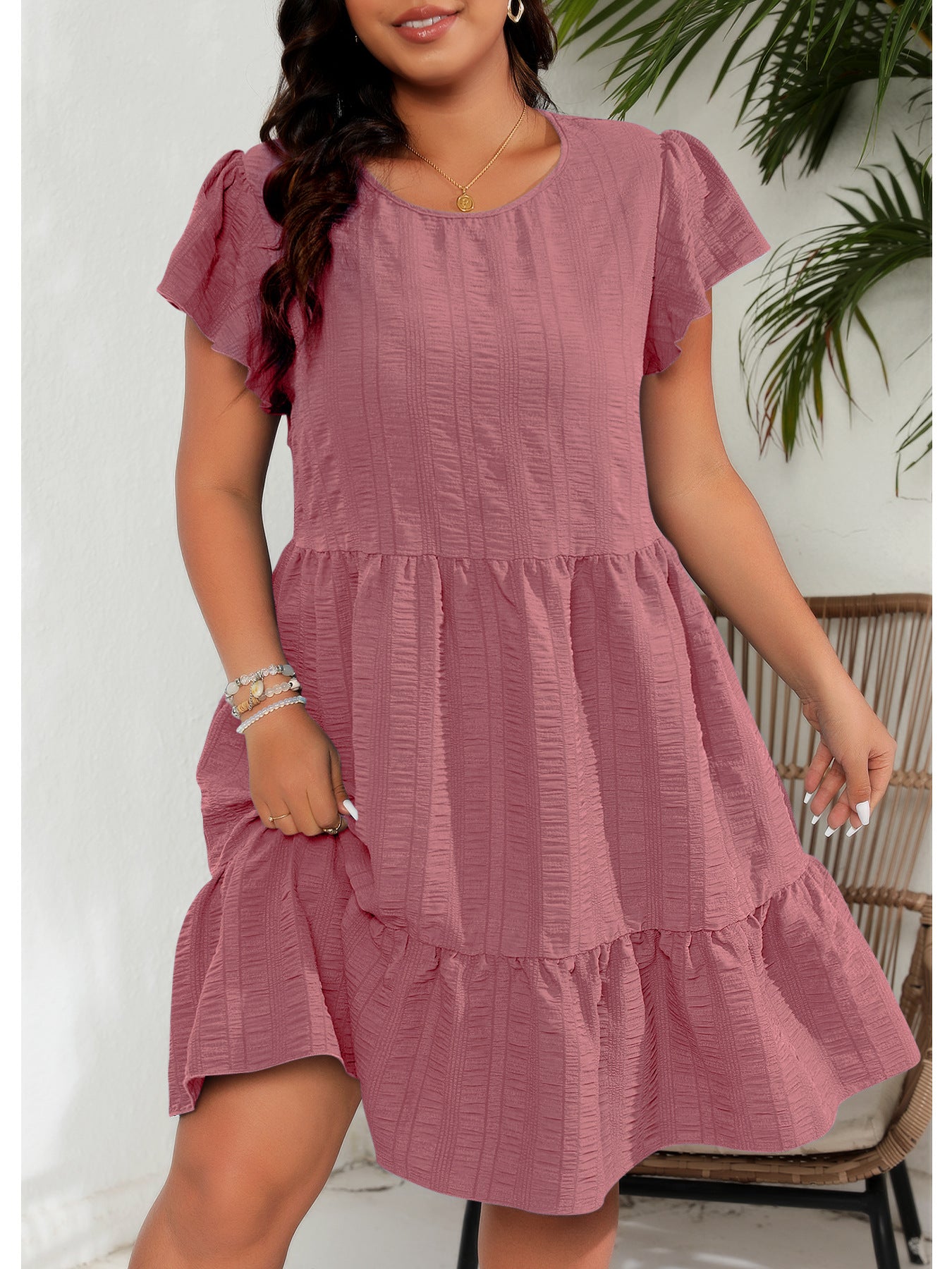 Plus Size round Neck Ruffle Sleeve Waist Tight Vacation Casual Dress - Wild Amber Fashion