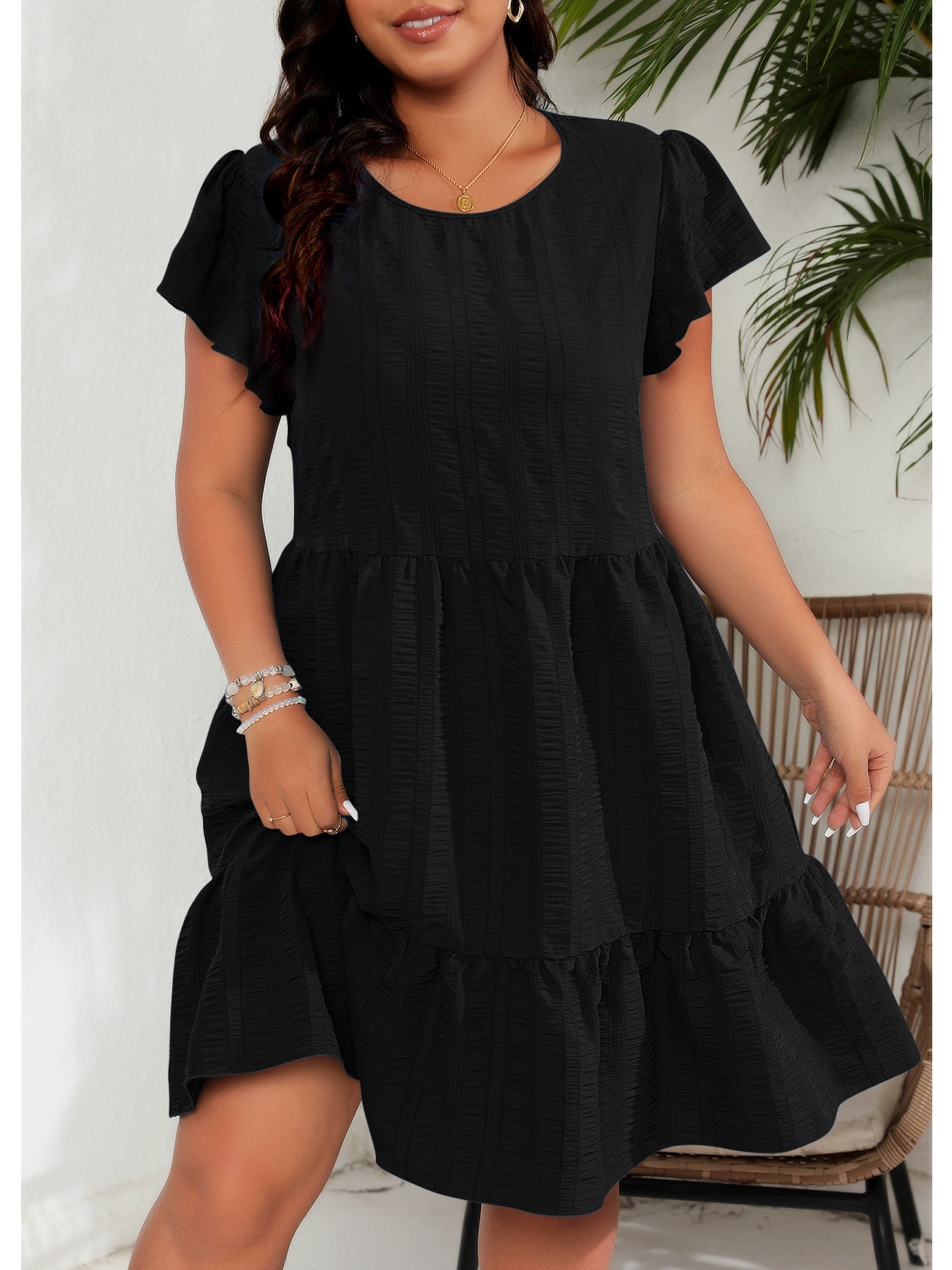 Plus Size round Neck Ruffle Sleeve Waist Tight Vacation Casual Dress - Wild Amber Fashion