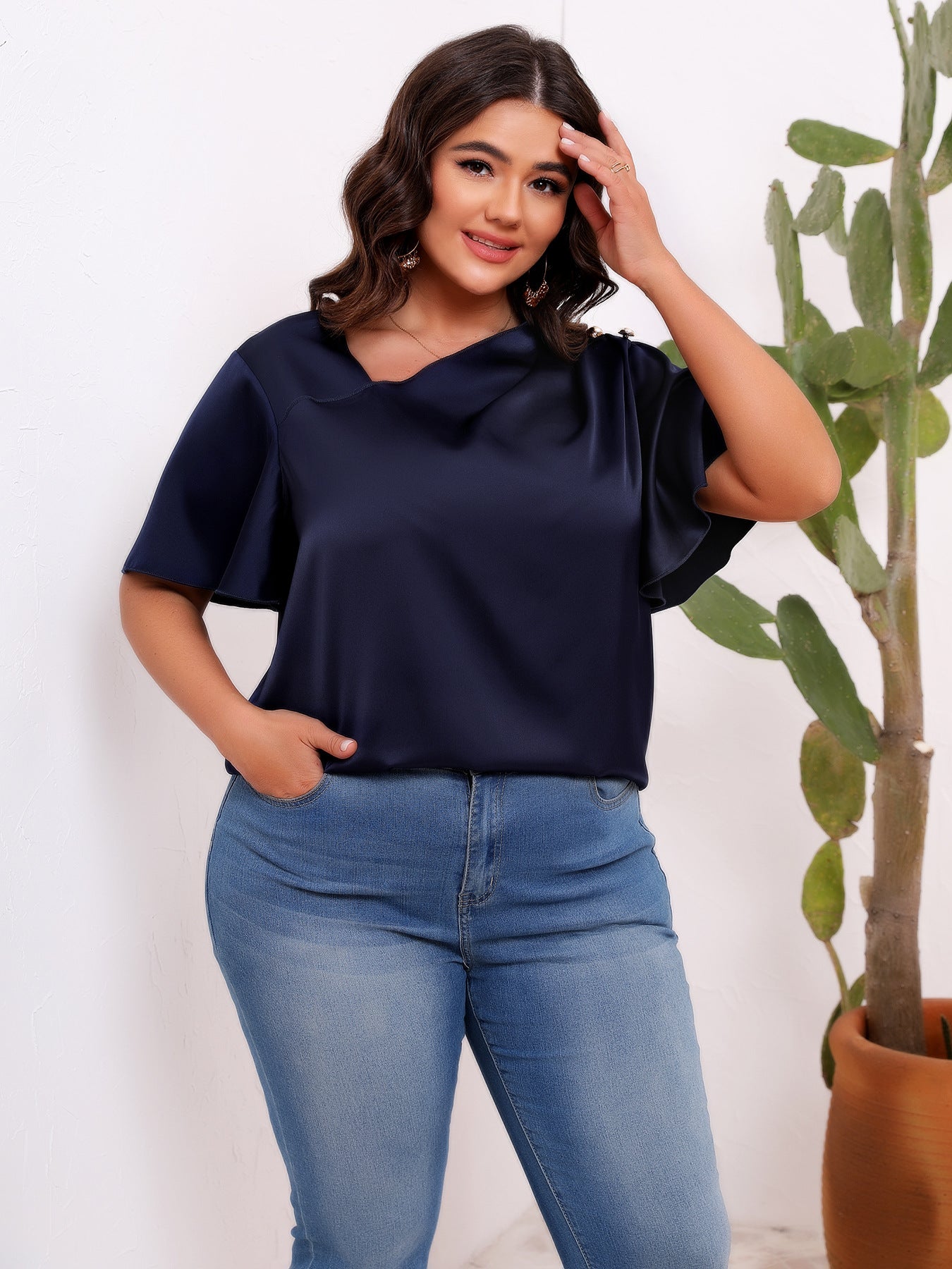 Plus Size Women Clothing Solid Color Satin Artificial Silk Pullover Oblique Shoulder Button Pleated Ruffle Sleeve Office Top Women Shirt - Wild Amber Fashion