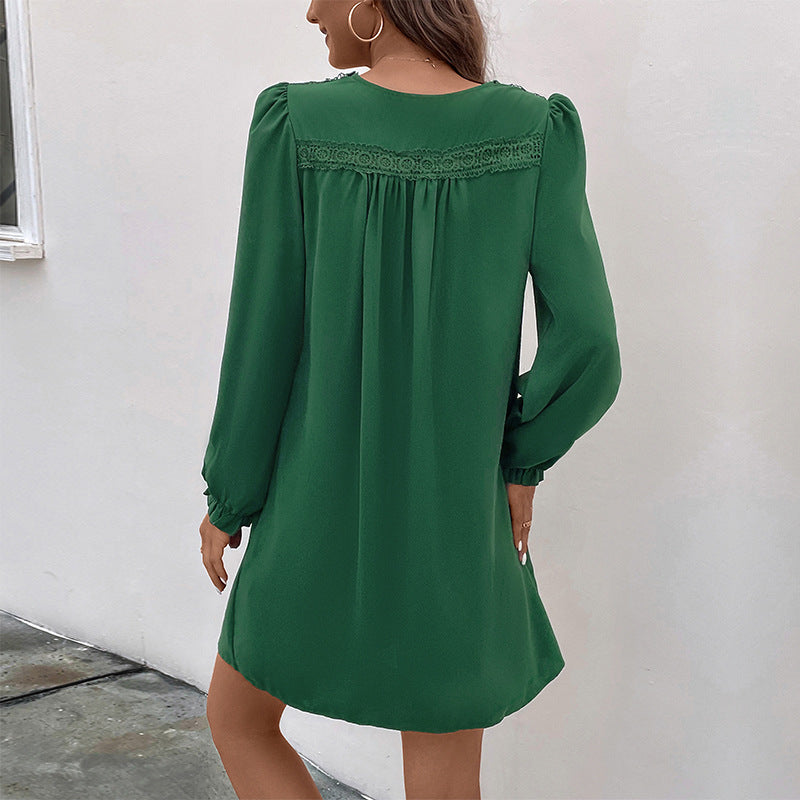 Patchwork Dress Autumn Women Clothing V neck Pleating Long Sleeve Dress - Wild Amber Fashion