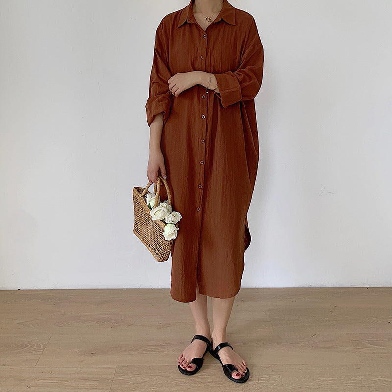 Shirt Dress High Grade Summer Women Niche Age Reducing Solid Color Loose Fitting Maxi Dress - Wild Amber Fashion