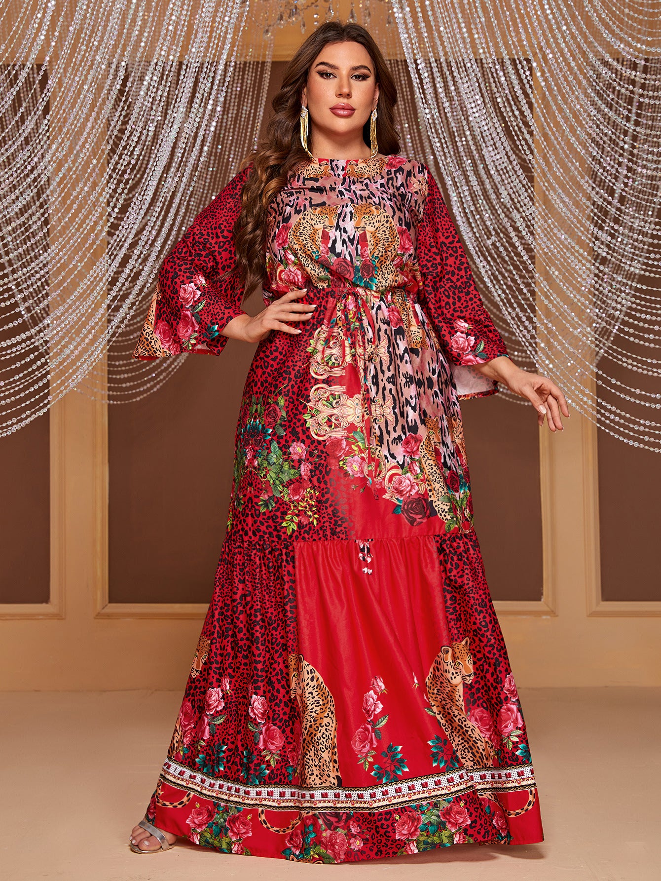 Plus Size Printed 3/4 Sleeves Dress Bright Red Featured Printed Maxi Dress - Wild Amber Fashion