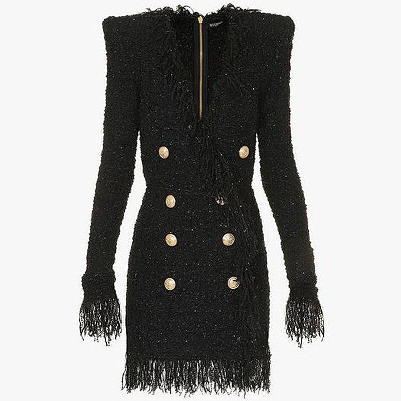 Elegant Slim Fit Fringed V-Neck Long-Sleeved Dress Coat with Tassels  S Black 