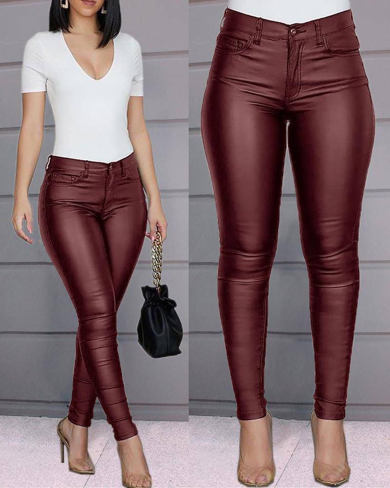 Stylish High-Rise Faux Leather Pants for Women  S Burgundy 