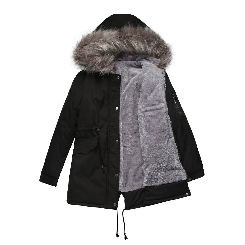 Winter Warm Fur Collar Mid-Length Hooded Women's Cotton-Padded Coat  S Black 