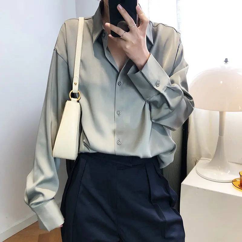 Young Style Satin Chiffon Shirt for Women - Sophisticated Solid Color Top  S Gray 