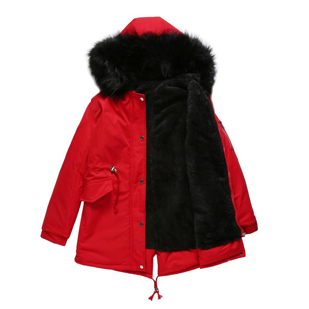 Winter Warm Fur Collar Mid-Length Hooded Women's Cotton-Padded Coat  S Red 