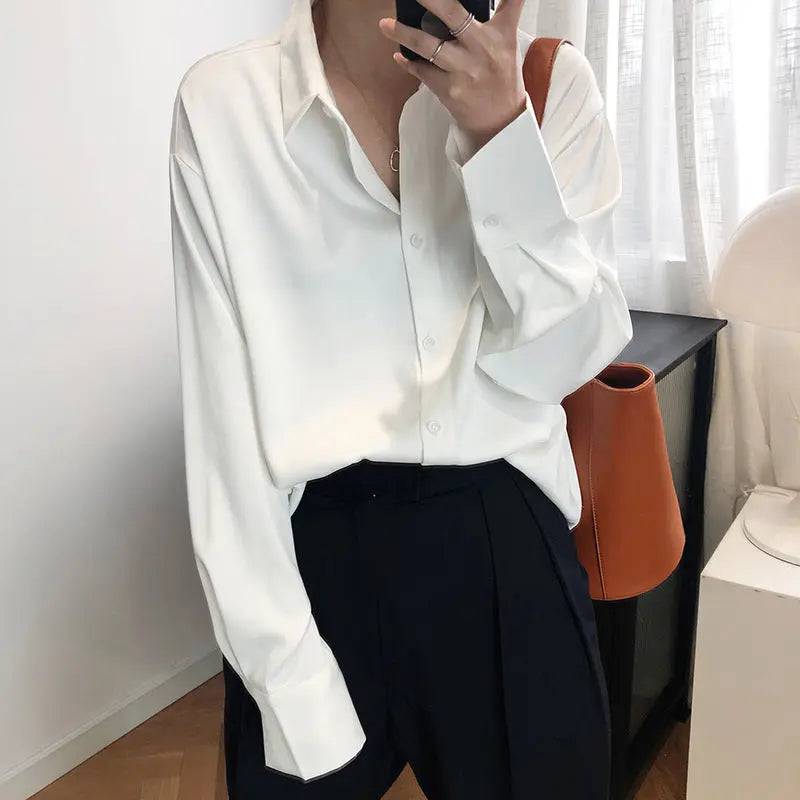 Young Style Satin Chiffon Shirt for Women - Sophisticated Solid Color Top  S White 