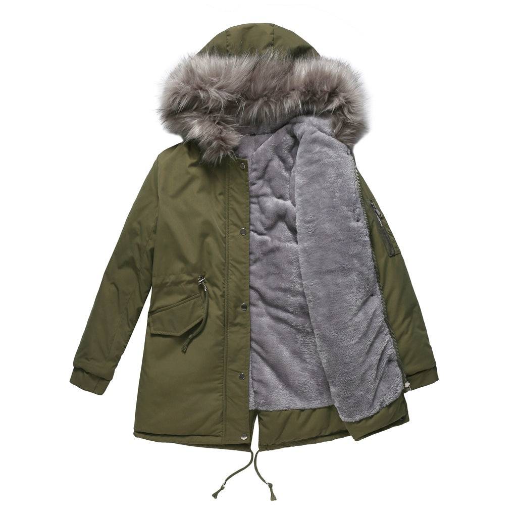 Winter Warm Fur Collar Mid-Length Hooded Women's Cotton-Padded Coat  S Army Green 