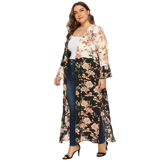 Plus Size Plus Size Women Vintage Printed Irregular Asymmetric Color Contrast Patchwork Ruffle Sleeve Long Cardigan Sunscreen Coat - Wild Amber Fashion