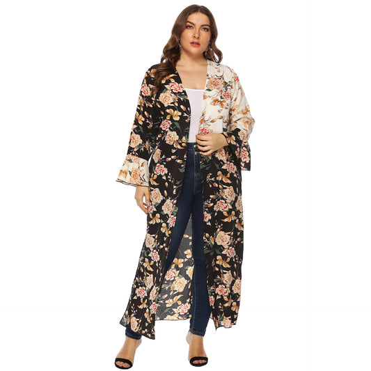 Plus Size Plus Size Women Vintage Printed Irregular Asymmetric Color Contrast Patchwork Ruffle Sleeve Long Cardigan Sunscreen Coat - Wild Amber Fashion