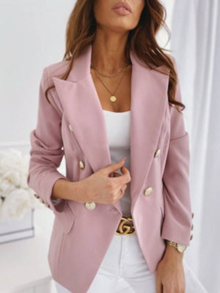 Spring Slim Fit Double Breasted Solid Color Stand Collar Office Blazer  S Pink 