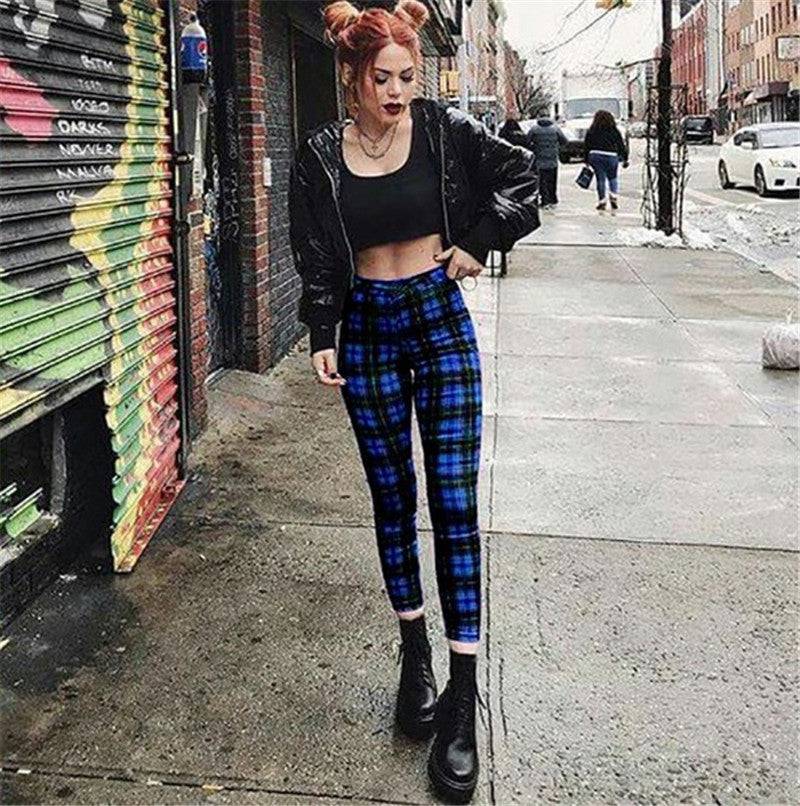 Trendy High Waist Plaid Leggings for Women - Stylish Stretch Pants  XS Blue 