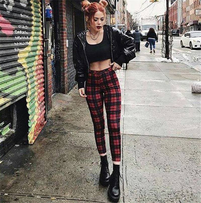 Trendy High Waist Plaid Leggings for Women - Stylish Stretch Pants  XS Red 