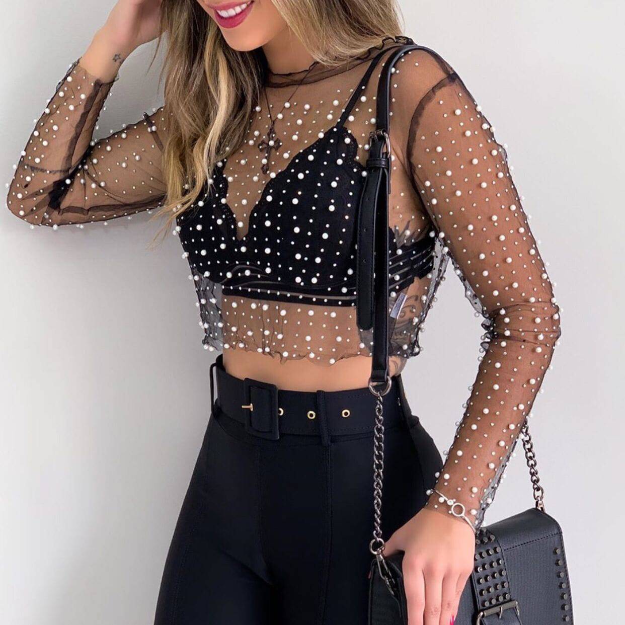 Seductive Diamond-Beaded Lace Mesh Top  S Black 