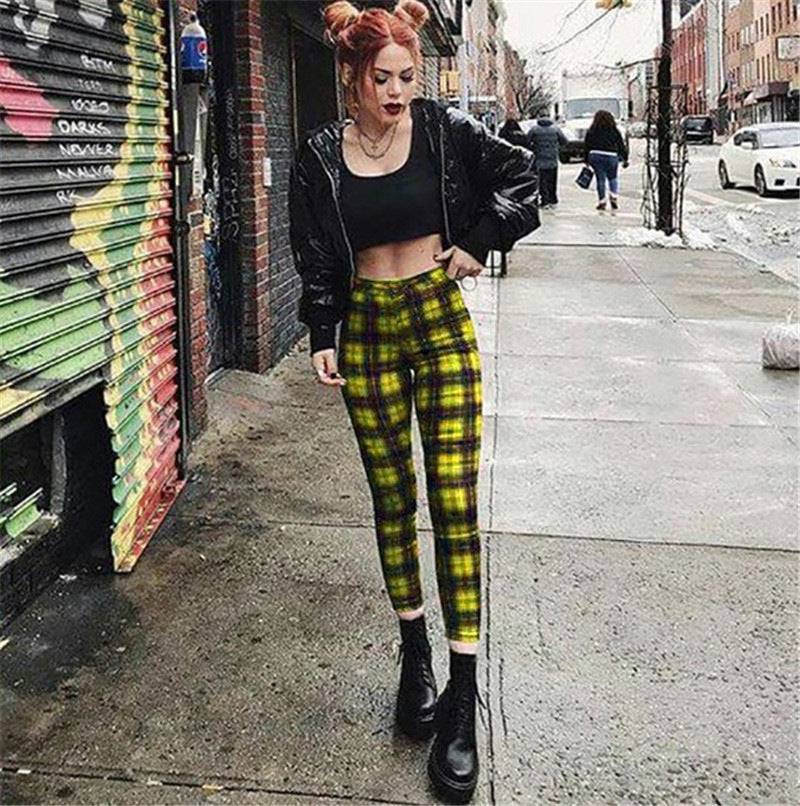 Trendy High Waist Plaid Leggings for Women - Stylish Stretch Pants  XS Yellow 