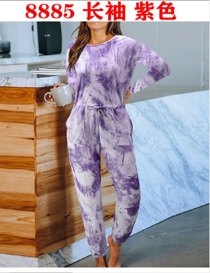 Tie-Dyed One-Piece Pajamas Women Summer Loose Short Sleeve round Neck Ladies Homewear - Wild Amber Fashion